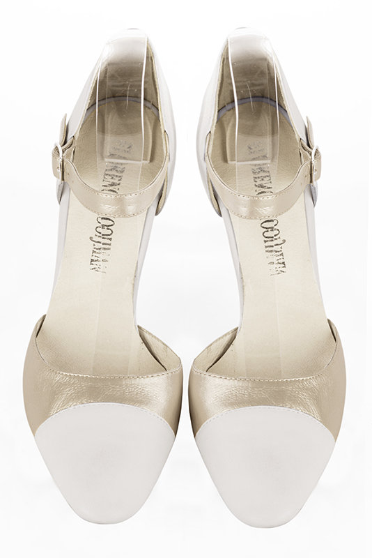 Off white and gold women's open side shoes, with an instep strap. Round toe. High slim heel. Top view - Florence KOOIJMAN